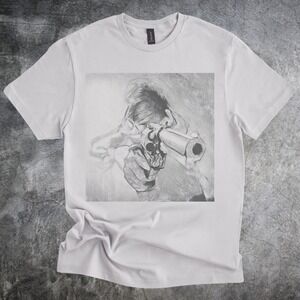 Skull Revolver Graphic Tee Noir Sketch Art Design Ice Gray